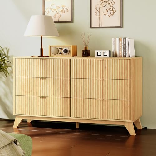 Image of VINGLI Fluted Dresser for Bedroom, 6 Drawer Dresser Mid Century Modern, Oak