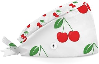 Bouffant Scrub Caps Printed Working Surgical Cap Cherry Pattern Nurse Hats with Buttons and Sweatband Adjustable Tie Back Hat for Women Men Multi Color