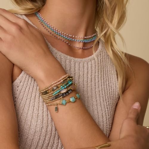 Kainier Gold Beaded Bracelets for Women 2Pairs 14K Gold Plated Stretch Bracelet Set Stackable Tarnish Dainty Natural Stone Bead Bracelets Gift4