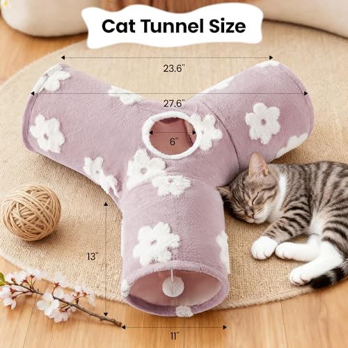 Image of Tempcore Flannel Cat Tunnel for Indoor Cats, 3 Way Collapsible Pet Play Tunnel with Teaser Wand, Peek Holes & Hanging Ball, Interactive Tube for Kittens & Rabbits, Daisy Burlwood
