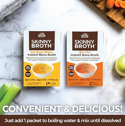 Image of Country Farms Skinny Broth 7-Day Plan, Instant Chicken and Beef Bone Broth, 10G Protein, Collagen Type II, Promotes Better Digestion, Bone Health, 7 Day Plan, 14-15g Packets