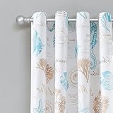 Lush Decor Harbor Life Light Filtering Window Curtain Panels, Pair, 52' W x 84' L, Blue & Taupe - Seahorse & Seashell Nautical Coastal Curtains - Beachy Curtains for Bedroom, Living Or Dining Room