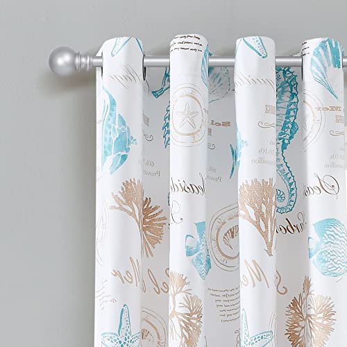 Lush Decor Harbor Life Light Filtering Window Curtain Panels, Pair, 52' W x 84' L, Blue & Taupe - Seahorse & Seashell Nautical Coastal Curtains - Beachy Curtains for Bedroom, Living Or Dining Room