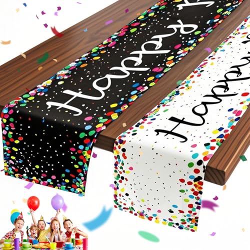 QGGTQG Lot de 2 chemins de table anniversaire multicolore Happy Birthday 180 x 33 cm Lin Noir + Blanc