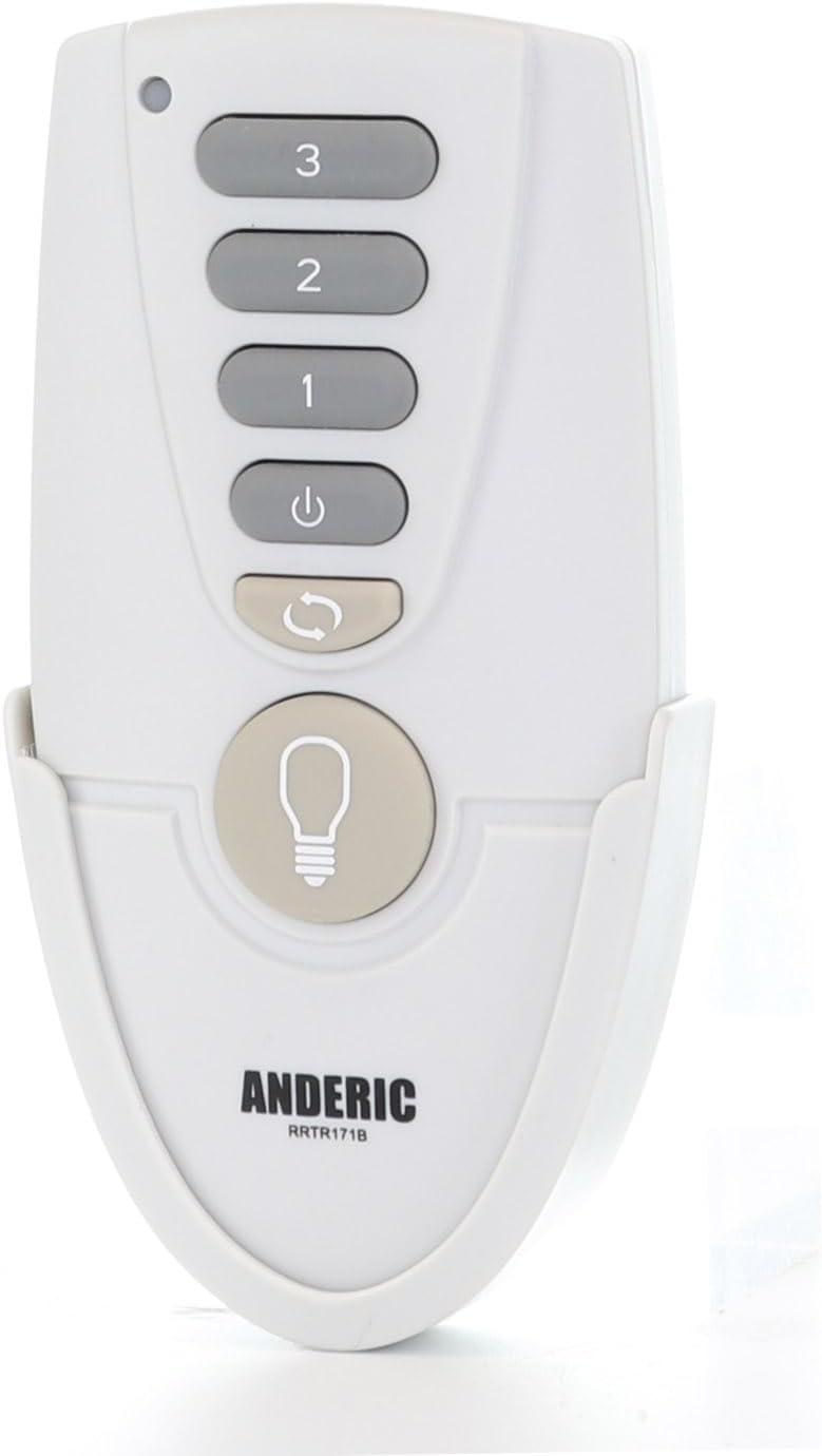 Voorkant view of Anderic RRTR171B remote control showing buttons for fan speed (3, 2, 1), power, reverse, and light.