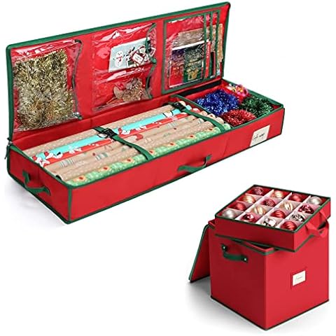 Christmas Ornament Storage Box + Wrapping Paper Storage Bag Organizer Set Cover
