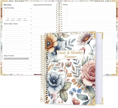 Undated Daily Monthly Planner for 2026 or Anytime - A4 To Do List with Hourly Schedule, Hardcover Spiral Bound Daily Planner to Increase Focus, Stylish School/Office Supplies, 8.5