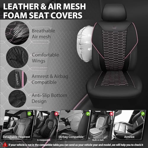 Image of CAR PASS 3D Foam Mesh Leather Car Seat Covers Front Seats,Breathable Mesh Front Seat Covers for Women,Universal Fit for Cars SUV Truck Sedan Van Automotive, Armrest Airbag Compatible,Black and Pink