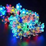 DISEÑO EN FORMA DE FLOR: Este estilo de hadas de 50 luces LED multicolores con un diseño de flor realista y vívido. Puede decorar para jardín al aire libre, patios, bares, calle, patio, tienda, centro comercial, escenario, salón de actos, fiesta y más. Cuando las luces solares se iluminan durante la noche, crea un ambiente cálido, romántico y relajado y agrega colores encantadores.