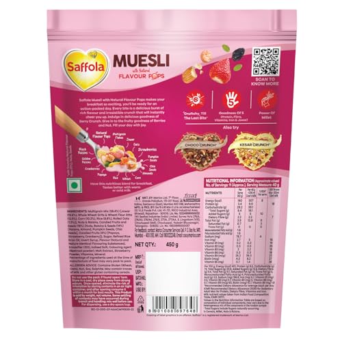 Image of Saffola Muesli Berry Crunch with Flavour Pops, 450 gm | 15 in 1 Fruit and Nuts, Seeds, Millet & more | Cereals for breakfast rich with wholegrain, protein, fibre