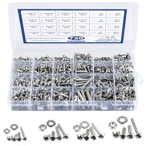 TIMESETL 720PCS SAE Machine Screw Assortment Kit, 10-24#8-32#6-32#4-40 304 Stainless Steel Phillips Pan Head Machine Screws and Nuts Bolts with Flat Washers Assortment Kit with Storage Case