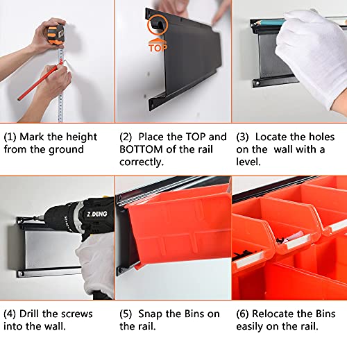 Image of Wallmaster Wall Mounted Storage Bins, Wall Storage Bins Parts Rack 10 Bins&3 Rails Wall Mount Tool Organizer Hardware Storage Organizer (Orange)