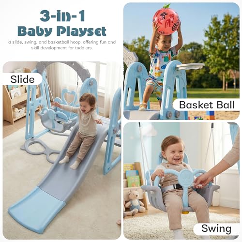 Image of Baybee 4 in 1 Baby Slides & Swing for Kids | Perfect Outdoor Swing N Sliding with Basketball Set, Antislip Steps & Safety Belt | Baby Play Area Indoor Playground Setup | Kids Slider for 2 to 6 Years