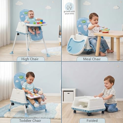 Image of Baybee 4 in 1 Convertible High Chair for Kids | Foldable Baby Feeding Chair with Safety Harness, Adjustable Tray, Booster Seat | Easy to Clean, Portable Dining Chair (Blue)