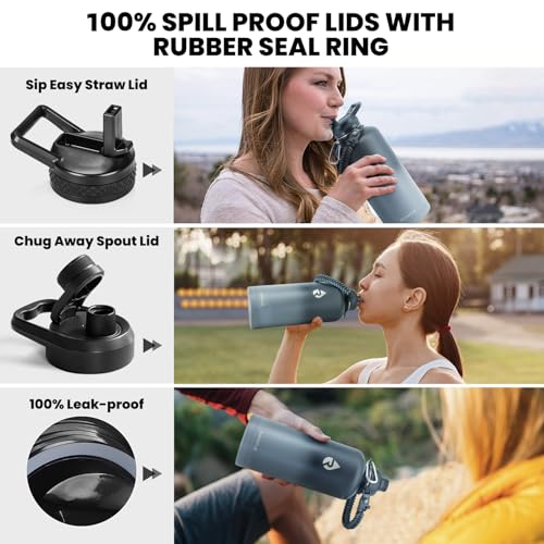 Image of RAYMYLO Insulated Water Bottle 87 oz, Triple Wall Vacuum Stainless Steel (Cold for 48 Hrs), Leak Proof & Non-BPA, Modern Water Flask Jug with Paracord Handle & Straw Spout Lids, Dark Grey