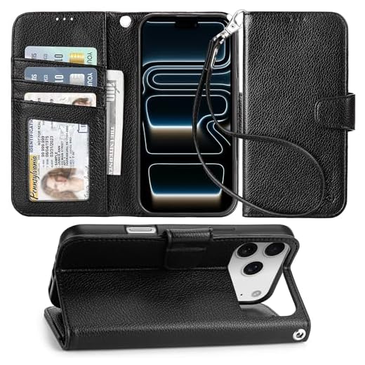 Case Compatible with iPhone 17 Pro Case Wallet with Card Holder, Wristlet Strap Wallet Flip Cover for iPhone 17 Pro 6.3 inch Men/Women, RFID Blocking, Kickstand,Litchi Black