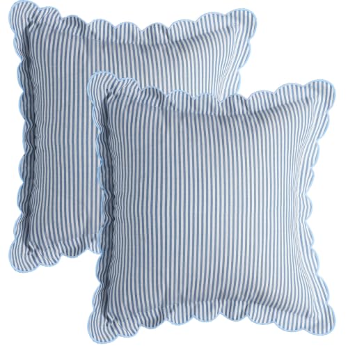 Newwiee 2 Pack Scalloped Pillow Covers, Blue Stripe, 18 x 18 Inch