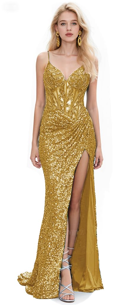 Spaghetti Strap Sequin Prom Dresses with Slit 2026 Sparkly Lace Appliques Mermaid Formal Evening Gown for Women