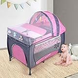  Cuna de viaje para bebé, 2 en 1, cama para bebé, cambiador y lápiz de juego para bebé, cuna de viaje plegable con colchón y mosquitera, apertura lateral, bolsa de transporte rosa rosa