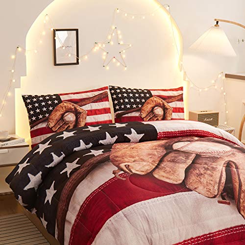Namoxpa Baseball American Flag Comforter Sets,Baseball Bat And Ball On Foreground Of Star-Spangled Banner National Sports,Decorative 3 Piece Bedding Comforter Sets With 2 Pillow Shams,Queen Size #TOP3