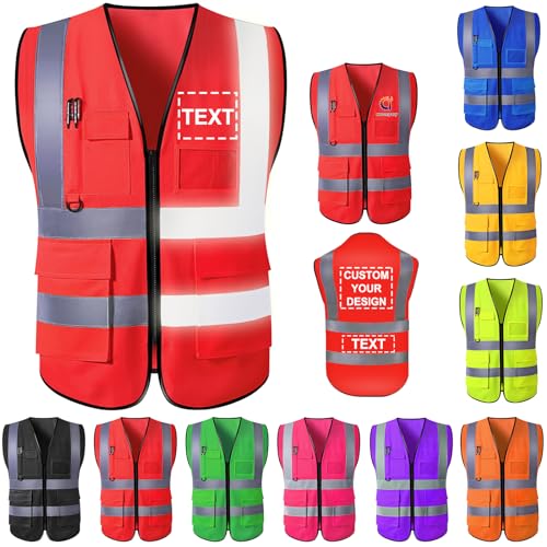 YAEILOV Custom Safety Vest for Men High Visibility Protective Workwear 5 Pockets With Reflective Strip Personalized Your Text/Logo/Image Safety Accessories for Outdoor Works(Red,XXXL)