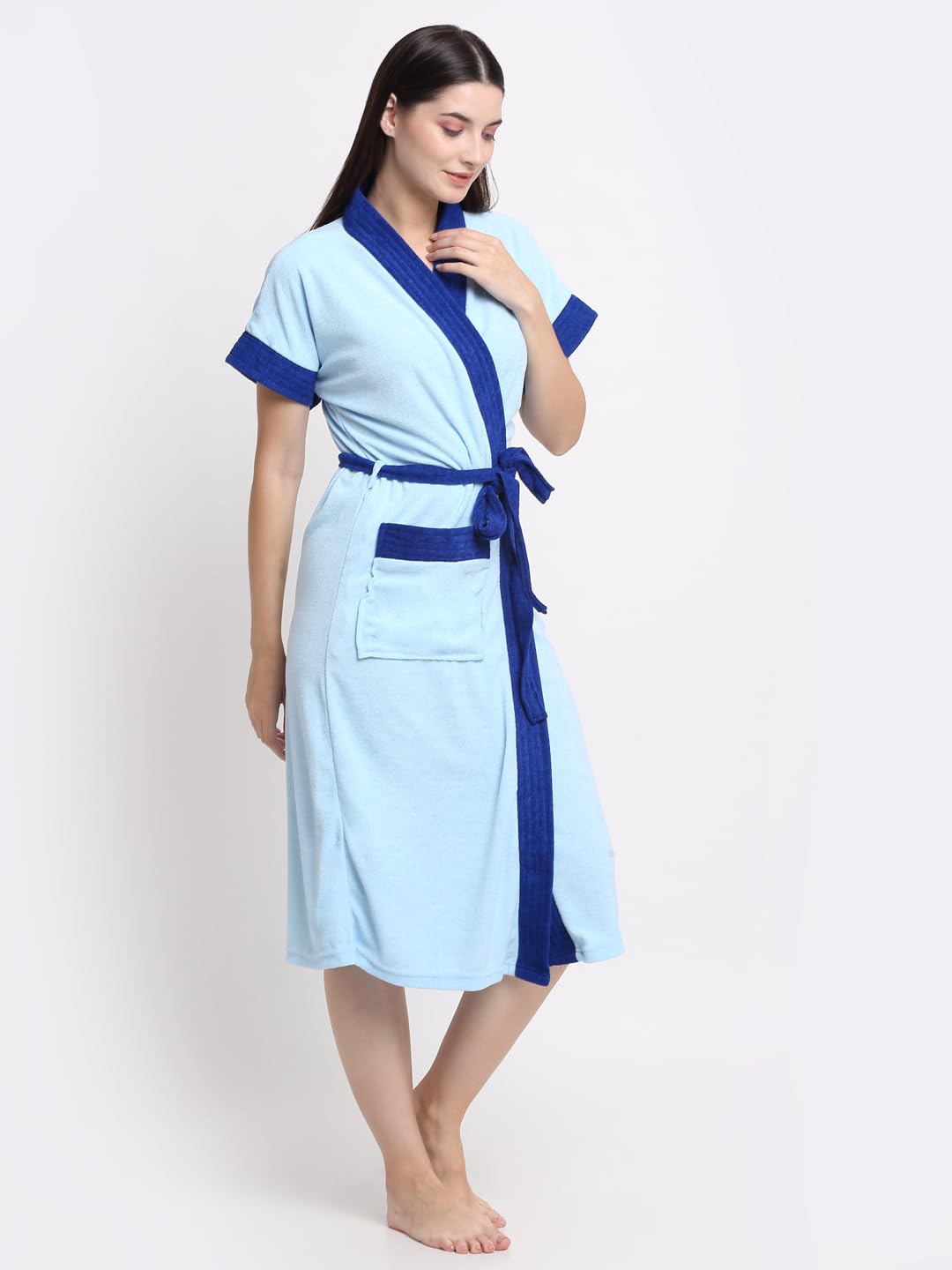 CREEVA Everyday Terry Cotton Unisex Bathrobe Collection With kimono collar and 1 Pocket,Half Sleeve Bath Robe Super Soft Light Weight - Ocean Blue & Turkish - Image 2 thumbnail