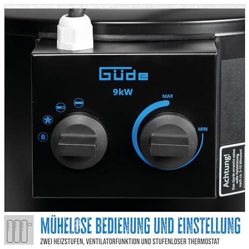 Güde Elektroheizer GH 9 E (9 kW, 2 Heizstufen 4, 5/ 9 kW, Ventilatorfunktion, Gebläseleistung 742 m³/ h, Neigungs- und Ausblaswinkel, Überhitzungsschutz, Kippschutz, stufenloser Thermostat)-4