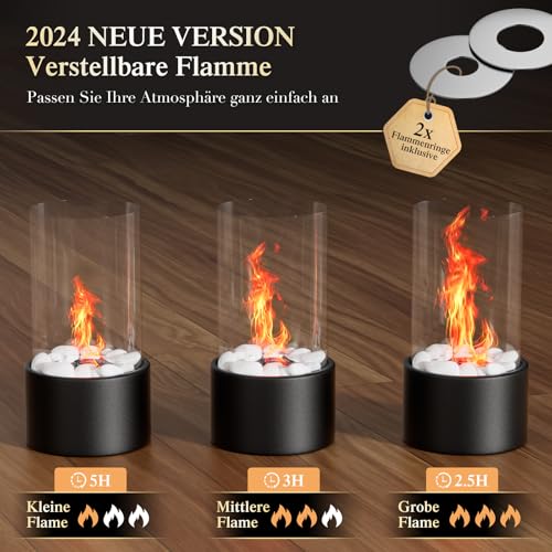 Tischkamin mit 2 Farben Deko Steinenmit, Tischfeuer Set für Indoor mit 2 Brennkammern für 4H Brenndauer, Bio Ethanol Kamin für Indoor & Outdoor, Balkon Wohnung Deko, Erstellen Romantische Ambiente