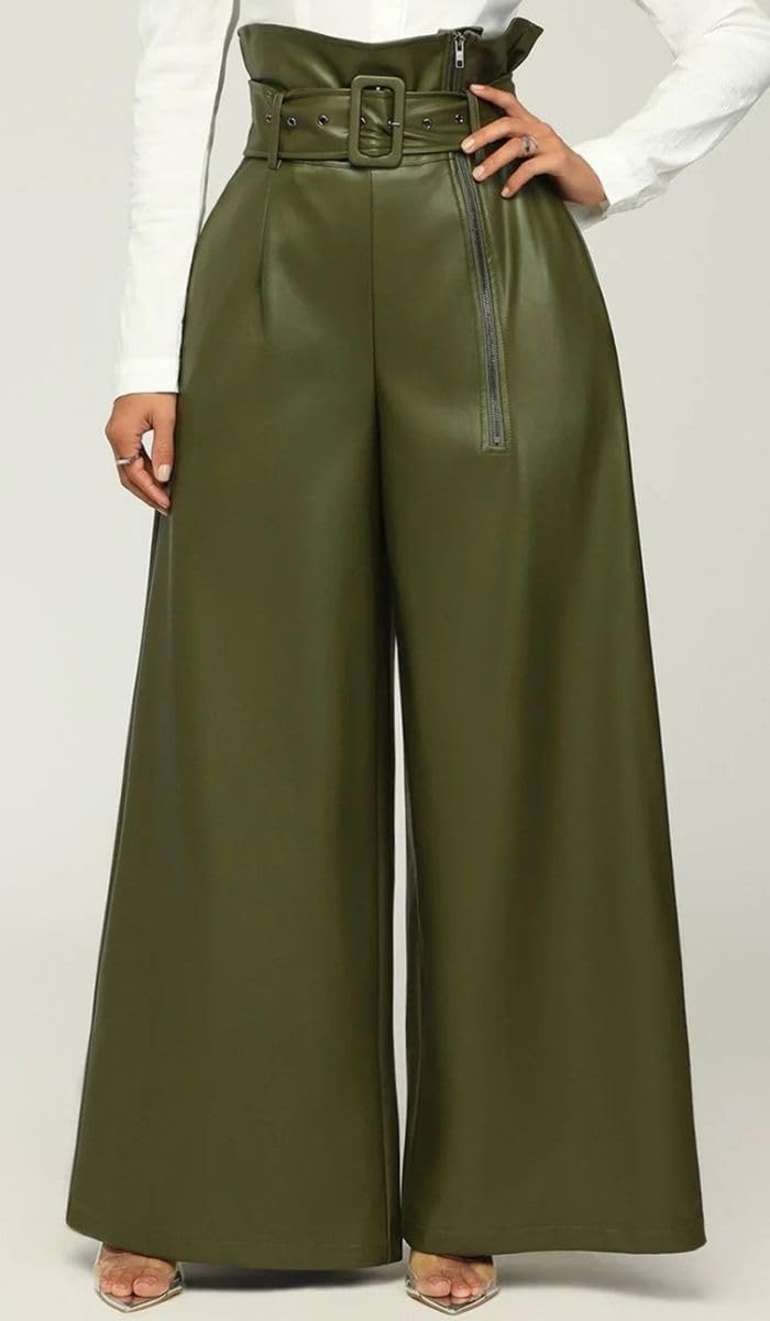 Women's Faux Leather Wide Leg Pants High Waist Side Zipper Baggy PU Leather Pants Party Club Trousers with Belt