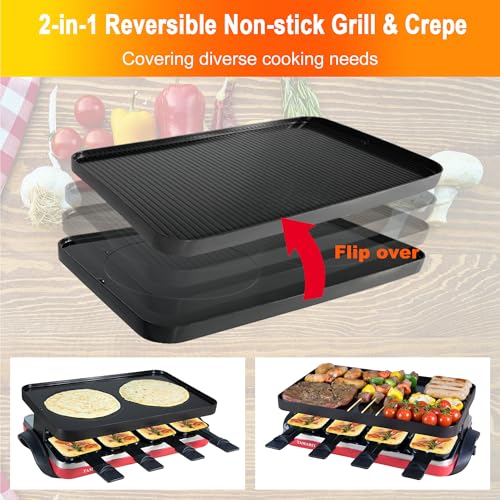 TAMARIT Classic 8 Person Raclette Grill 1500W Electric Tabletop Griddle with Reversible Plate, 8 Non-Stick Cheese Trays and Spatulas Indoor Portable Korean BBQ Barbecue Party Grill Red by Tamarit - Image 5