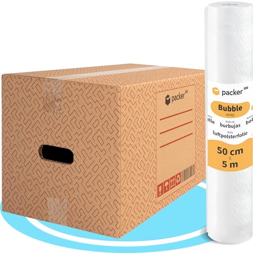 packer PRO Pack 20 Cajas Carton para Mudanzas y Almacenaje Ultra Resistentes con Asas, 50x30x30cm y Rollo Burbuja Embalaje de 50cm Ancho y 5m