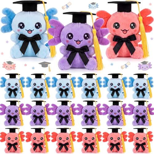 Gejoy 24 Pcs Graduation Mini Stuffed Animals Plush 2026 Graduation Party Favors Congrats Grad Small Animal Keychains with Cap Class of 2026 Stuffed Plush Toys for Classroom Rewards Grad Gifts(Axolotl)