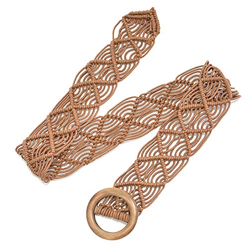 Floralby Retro Round Wooden Buckle Braided Women Waist Belt Strap Waistband Clothes Decor
