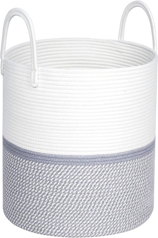 Image of Storage Rope Laundry Hamper Basket for Clothes, Towels and Blankets in Livingroom, Bedroom, Laundry Room and Basket for Nursery Storage (Size - 15 inch x 15 inch x 18 inch) (White Grey)