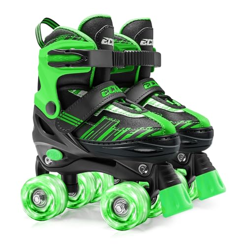 Image of Roller Skates for Girls Boys Ages 4-12, Toddler Kids 4 Size Adjustable Light up Wheels Beginner Skates (Green, Medium-Big Kids（13j-3 US）)