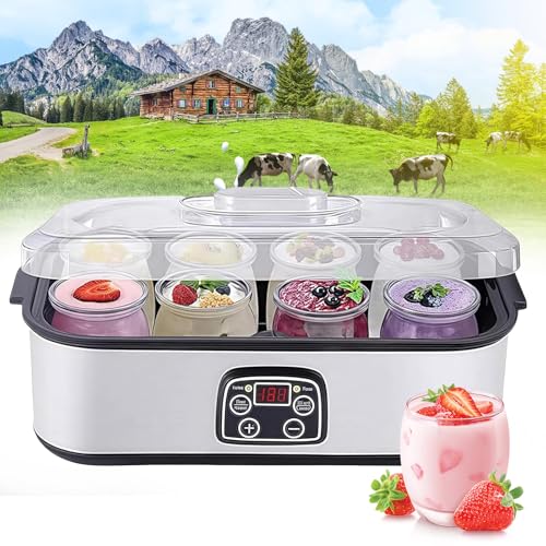Fabricante De Yogurt Probiótico, 68-131 ° F 48 Horas De Trabajo Máquina De Yogurt De Yogurt, Máquina De Yogurt Digital De Acero Inoxidable con 8 Frascos De Vidrio, para Yogurt Orgánico, Regalo Salud