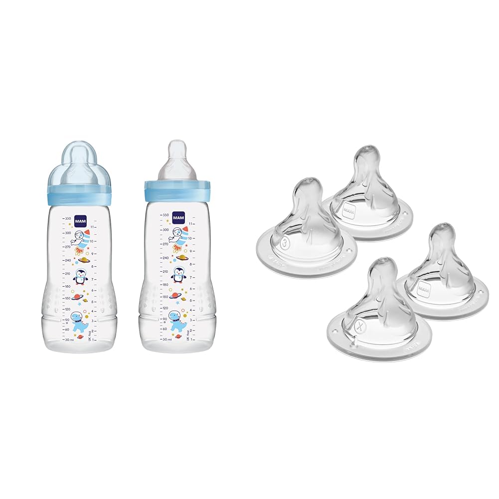 MAM Easy Active Baby Bottle - Switch Between Breast and Clean, 4+ Months, Boy & Bottle Nipples Mixed Pack - Fast Flow Level 3 and Extra Fast Flow Level 4