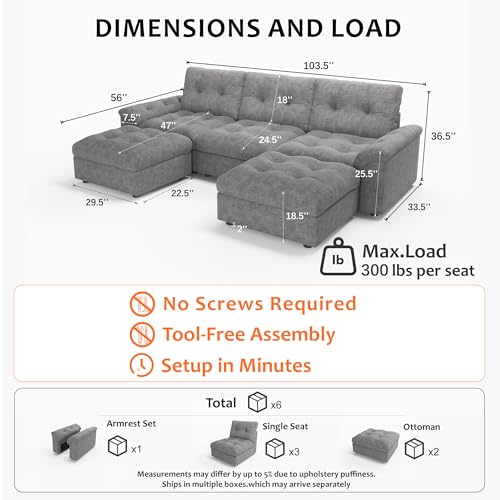 Image of Oversized Modular Sectional Sofa with Storage, Modern Deep Seat Cloud Couch for Living Room, L-Shaped Large Sectional Couch, 3 Seater with 2 Ottomans, Gray