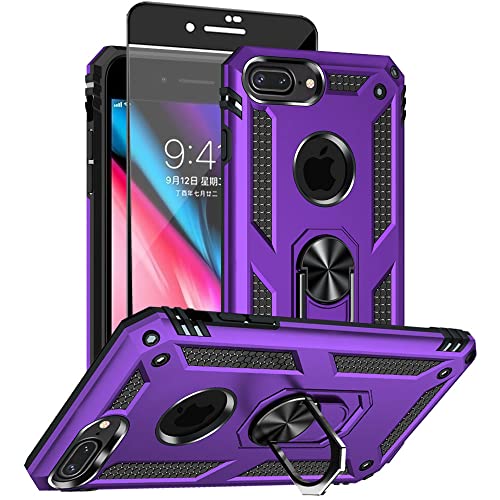 Aozuoton for iPhone 8 Plus Case, iPhone 7 Plus Case with HD Screen Protector, [Military Grade 16ft. Drop Tested] Ring Shockproof Protective Phone Case for iPhone 8 Plus/7 Plus,Purple