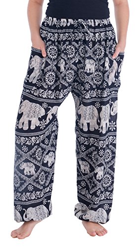 Lannaclothesdesign Women's Elephant Hippie Boho Yoga Harem Pants (L, Black Elephant)