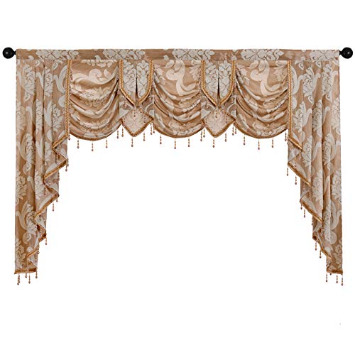 NAPEARL Valance for Living Room-Jacquard Swag Valances for Windows, Beaded Waterfall Valance for Bedroom, Formal Dining Room ( 1 Beige Valance, 81-Inch Wide )