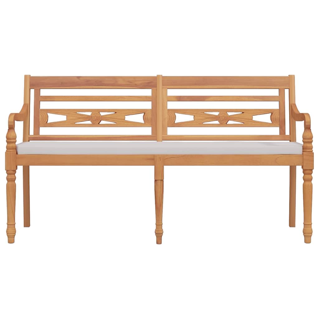 Batavia - Banco para exteriores con cojín, 150 cm, madera maciza de teca con cojines, banco de jardín con reposabrazos curvados y tallas decorativas