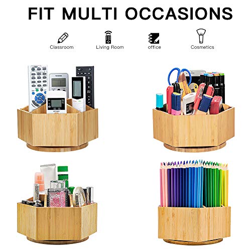 Houtingmaan Bamboo Office Supplies Organizer, 360 Degree Rotating Organizer with 7 Sections for Office Stationary, Like Pens, Marking Pens, Book Sewer, Knife, Clips, Sticky Notes and Calculator.
