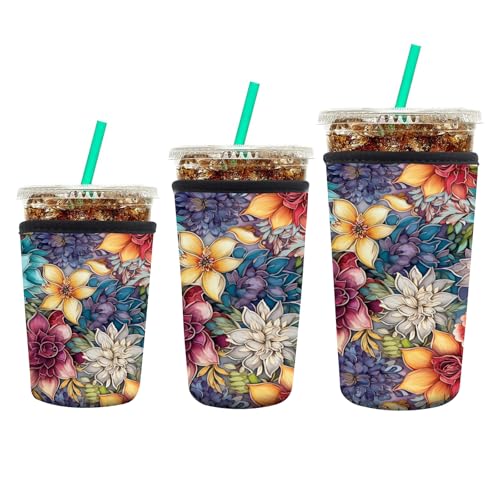 Image of 3 Pack Reusable Neoprene Insulator Sleeve for Iced Coffee Cups, Funny Coffee Cup Sleeves for 16-32oz Coffee cups, Cute Drink Sleeve for Cold Hot Beverages Luxuious Colorful Floral