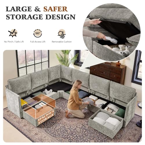 Image of Ihanherry Oversized Modular Sectional Sofa with Storag, 8-Seater V Shaped Cloud Couch with Movable Ottomans, Chenille Deep Seat Corner Couches for Living Room (Grey)