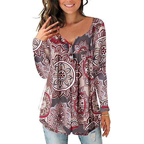 Lazzon Camisas Manga Larga Mujer Blusa Casual Suelto Túnico Botones Talla Tops Grande Otoño Invierno (Morado, Size XL EU 44-46)