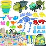 Beach Toys, 36Pcs Dinosaur Sand Toys for Kids Toddlers, Sandbox Toys with 2 Truck, Collapsible Beach Bucket, Mesh Bag, Sand Molds, Sand Castle Building Kit, Travel Beach Toy for Kids Toddlers Ages3-12