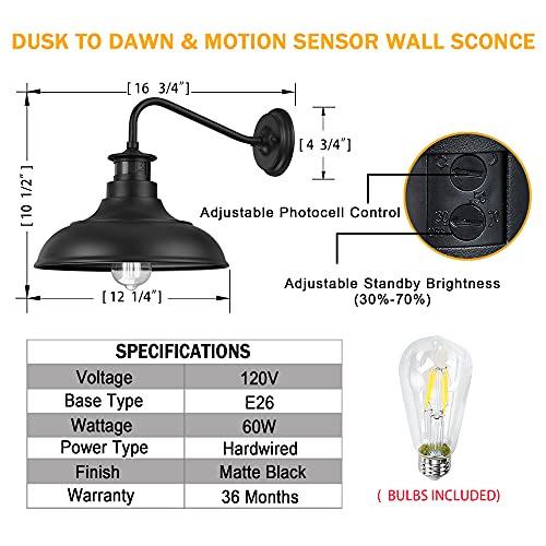Dusk to Dawn Motion Activated Sensor Gooseneck Outdoor Wall Light Fixture, Industrial Outdoor
