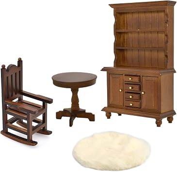 iLAND Miniature Dollhouse Furniture on 1 12 Scale, Dollhouse Chair & Table & Bookshelf & Rug Classic 4pcs