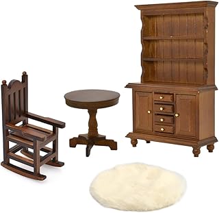 iLAND Miniature Dollhouse Furniture on 1 12 Scale, Dollhouse Chair & Table & Bookshelf & Rug (Classic 4pcs)